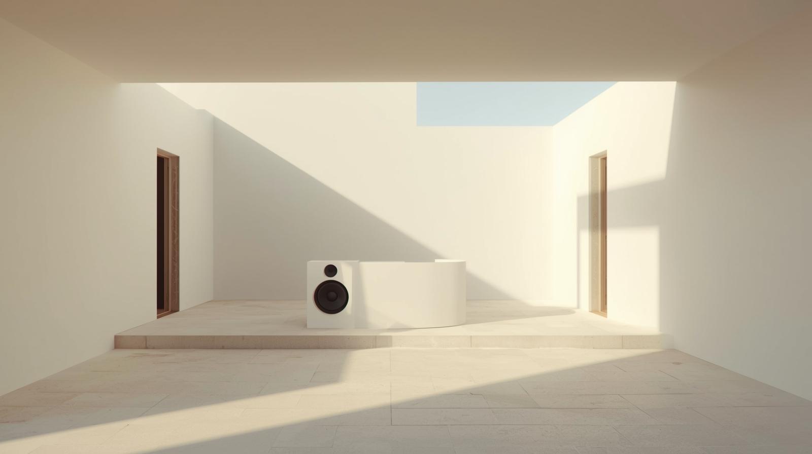 A minimalist and clean photograph captures a deconstructed villa bathed in daytime light, featuring a deejay booth with prominent, large, round speakers. The composition is simple and serene, empha